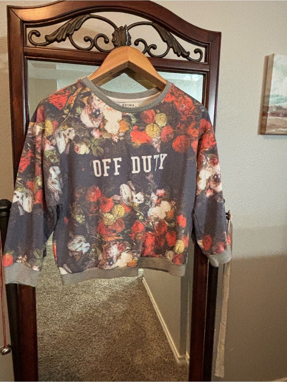 EVIMA Gray Floral "Off Duty" Graphic Crewneck Pullover Sweatshirt Women's L